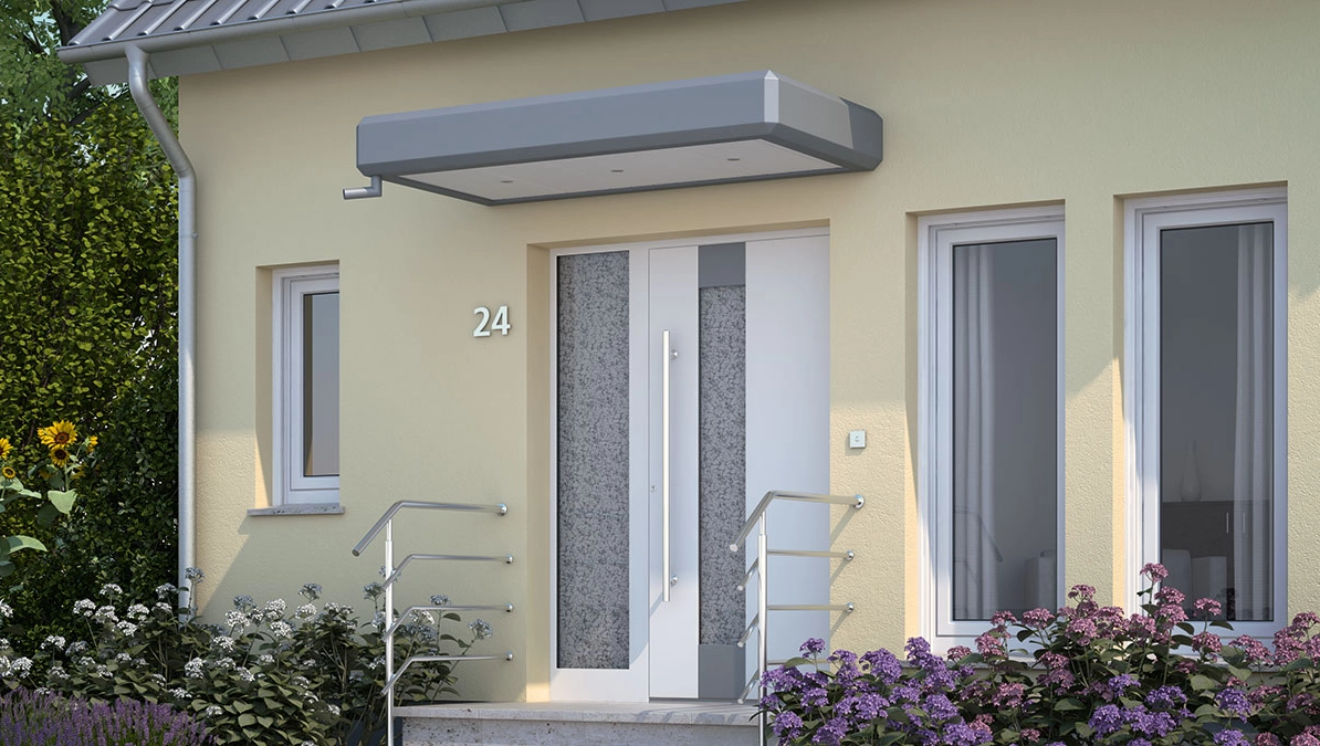 Aluminiumüberschub-Vordach mit dunkelgrauem Rand, integrierter Beleuchtung und seitlichem Wasserspeier