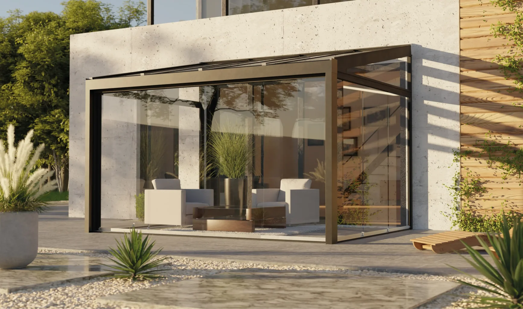 Wipro Cielo Glas-Terrassendach mit Glaspaneelen an den Seiten