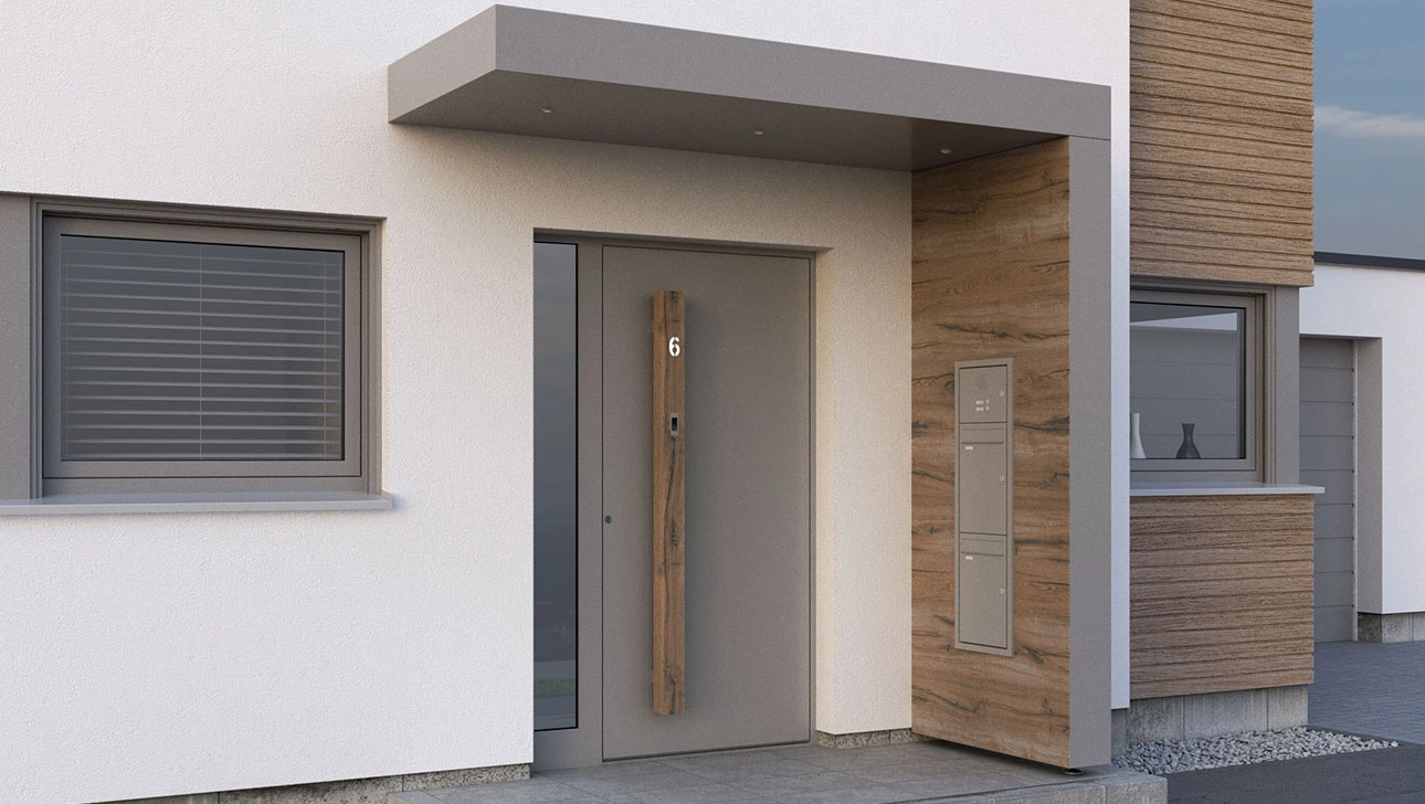 Aluminium-Kasten-Vordach KV 200 in L-Kombination mit multifunktionalem Seitenteil