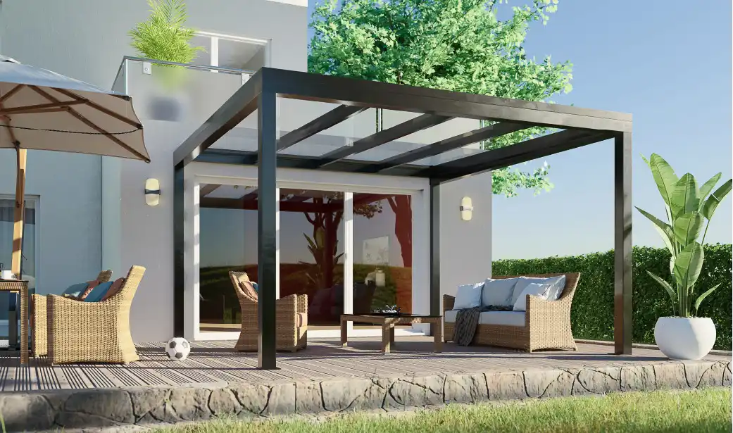 Wipro Paradiso Glasdach an einer Terrasse mit Sitzgelegenheiten