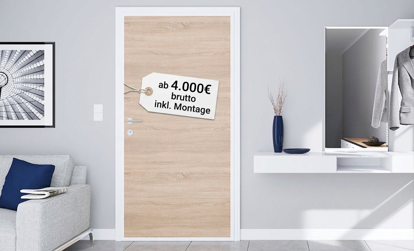 Modern und hell eingerichtete Wohnung mit Kompotherm Hometherm Wohnungseingangstür aus hellem Holz